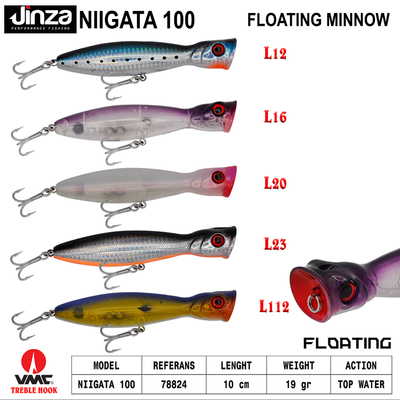 VMC Hooks Grauvell Jinza NIIGATA 100 Surface Topwater Bass Lure 100MM 