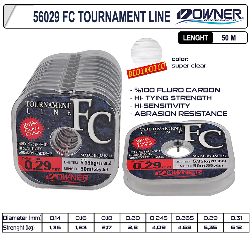 OWNER 100% Fluoro-Carbon 0,14-0,31mm Made in Japan 50 Metre Tournament Line FC 
