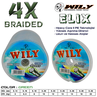 Wily - Wily Elix 4 Kat İp Misina Yeşil 100 Mt Devamlı